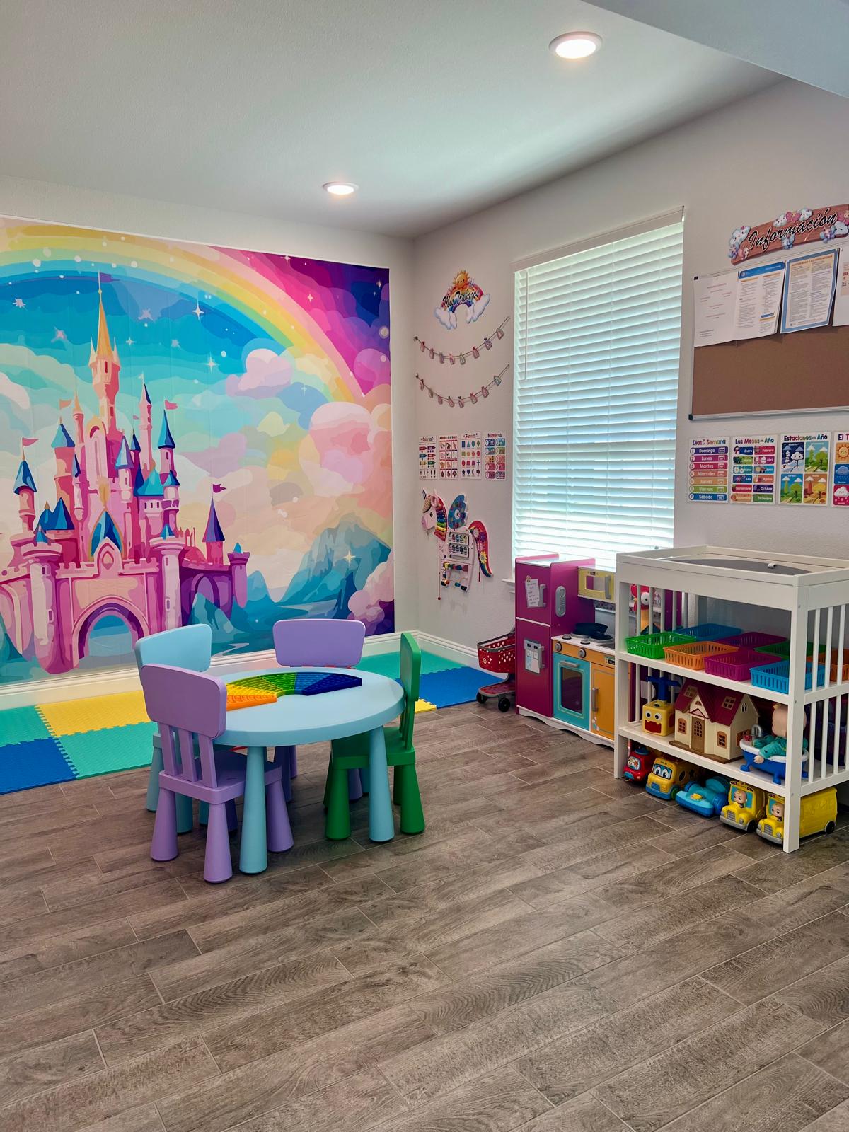 Full room with castle mural